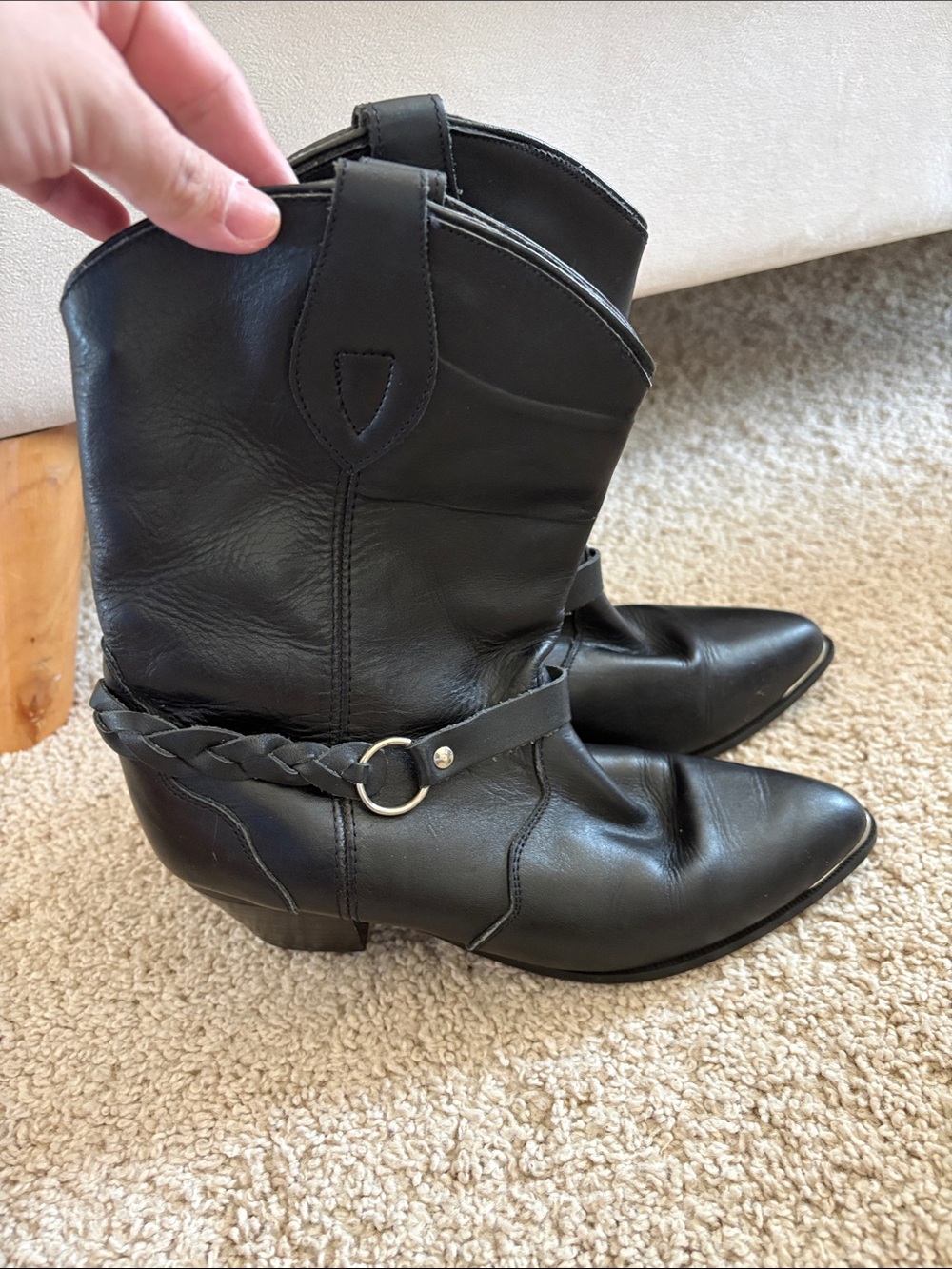 Classic Black Women's Western Ankle Boots with Braided Strap